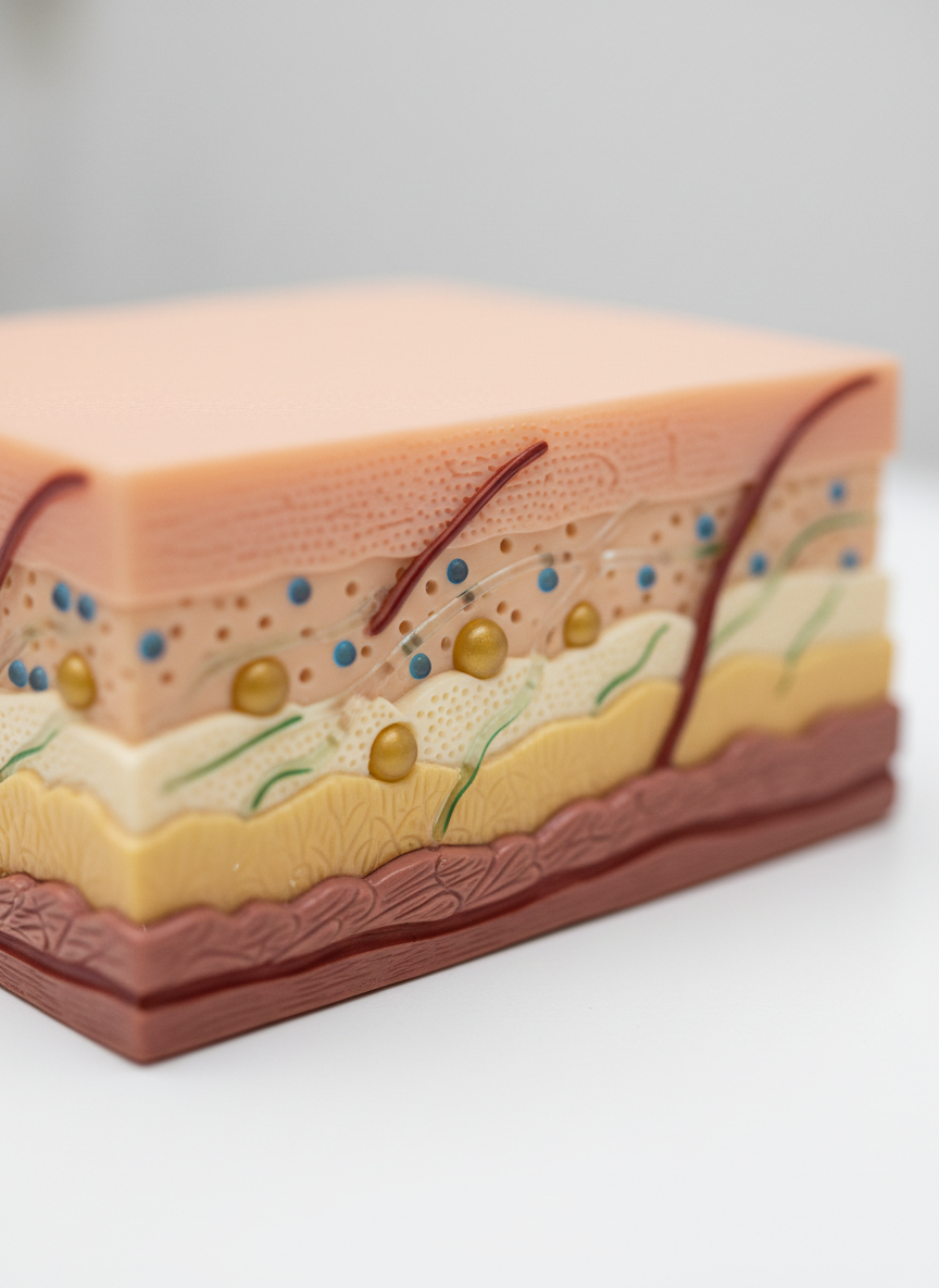 A highly detailed, photographic macro shot of a synthetic cross-section of skin, rendered as a physical 3D educational model resting on a clean white surface. Distinct layers of the ‘skin’ are clearly visible in soft, natural colors: a smooth outer surface, a thicker middle layer, and a deeper base layer with subtle textures. Tiny embedded spheres and channels suggest moisture, oil, and active ingredients moving through. Neutral, diffused studio lighting from both sides eliminates harsh shadows, keeping every detail readable. Captured from a low, side angle with selective focus on the middle layer, the background fading into a gentle blur. The overall mood is educational yet approachable, making skin structure feel simple and understandable.