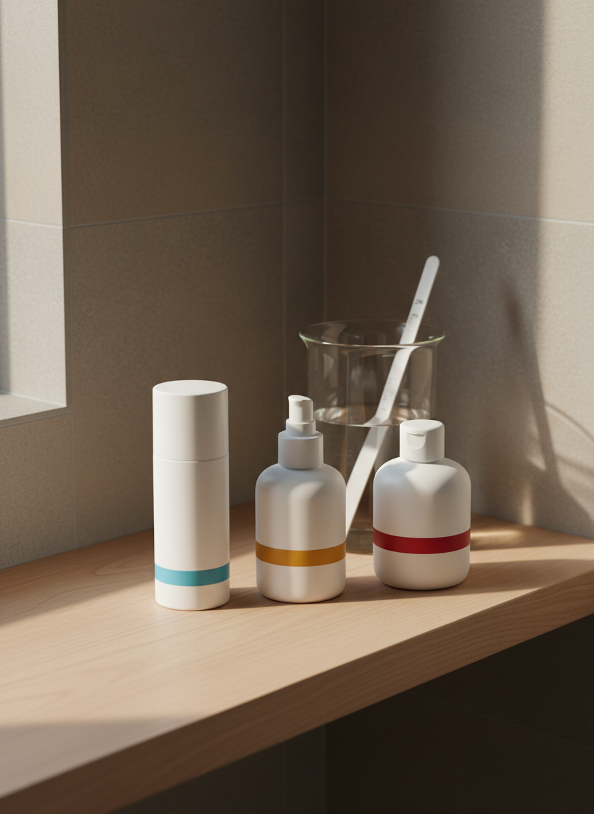 A photographic still life of a minimalist bathroom shelf styled like a science-focused skincare routine. On a smooth, light wood shelf sit three unbranded, matte white bottles of different heights and shapes, each with a small colored band near the base to imply step order. Behind them, a clear glass beaker with colorless liquid and a single test strip leans casually. The background is a soft, neutral tiled wall in warm grey. Gentle, natural morning light from a nearby window washes the scene, casting soft, elongated shadows. Shot at a slightly elevated angle with moderate depth of field, the mood is calm, organized, and trustworthy, visually explaining a simple, structured routine without clutter or overwhelm.