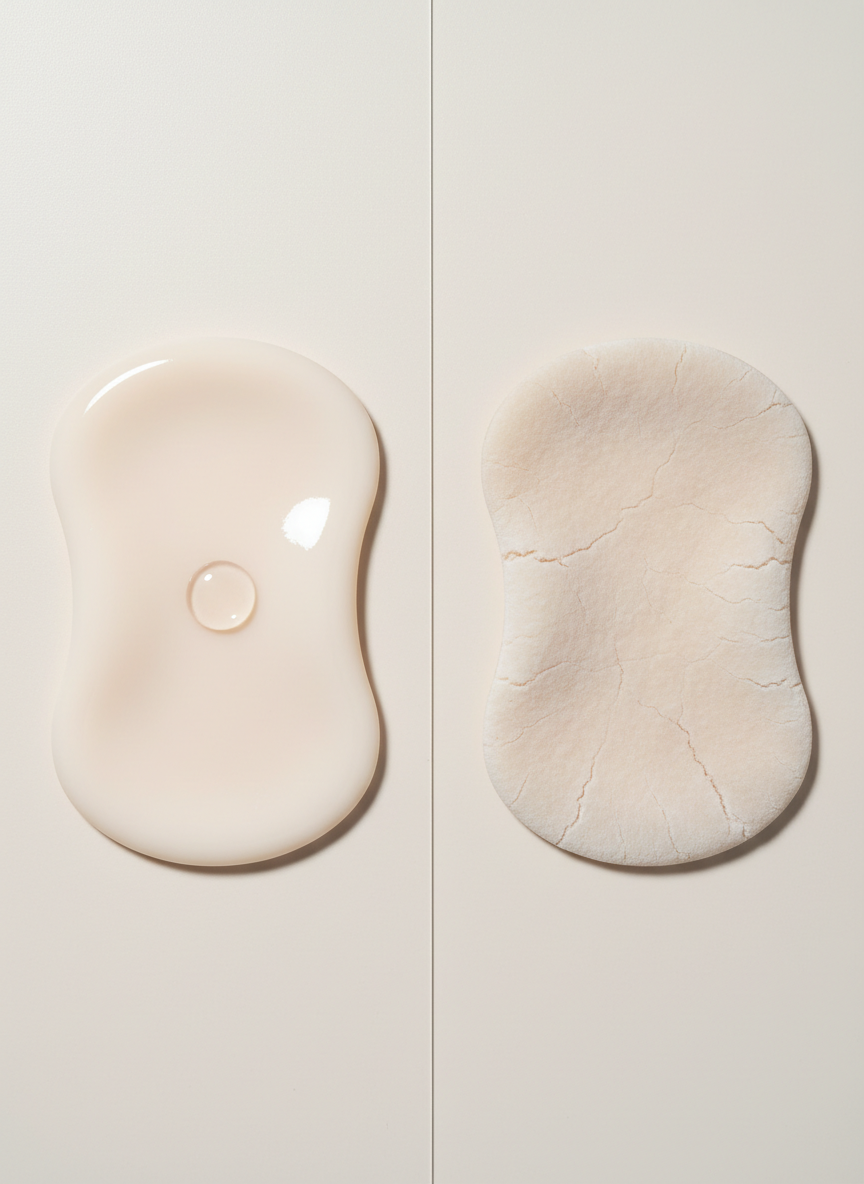 A photographic, side-by-side comparison scene showing the concept of barrier-friendly versus harsh skincare. On the left, a smooth, intact synthetic skin pad appears plump and hydrated, with a single clear droplet softly resting on its surface. On the right, a similar pad looks slightly roughened and matte, with fine surface cracks visible under close inspection. Both rest on a clean, pale neutral background, separated by a thin, subtle divider. Soft, cool-toned studio lighting from above creates gentle shadows that emphasize texture without dramatization. Shot at a slightly elevated angle, the composition is balanced and uncluttered, conveying calm, evidence-based education about protecting the skin barrier without fear or exaggeration.