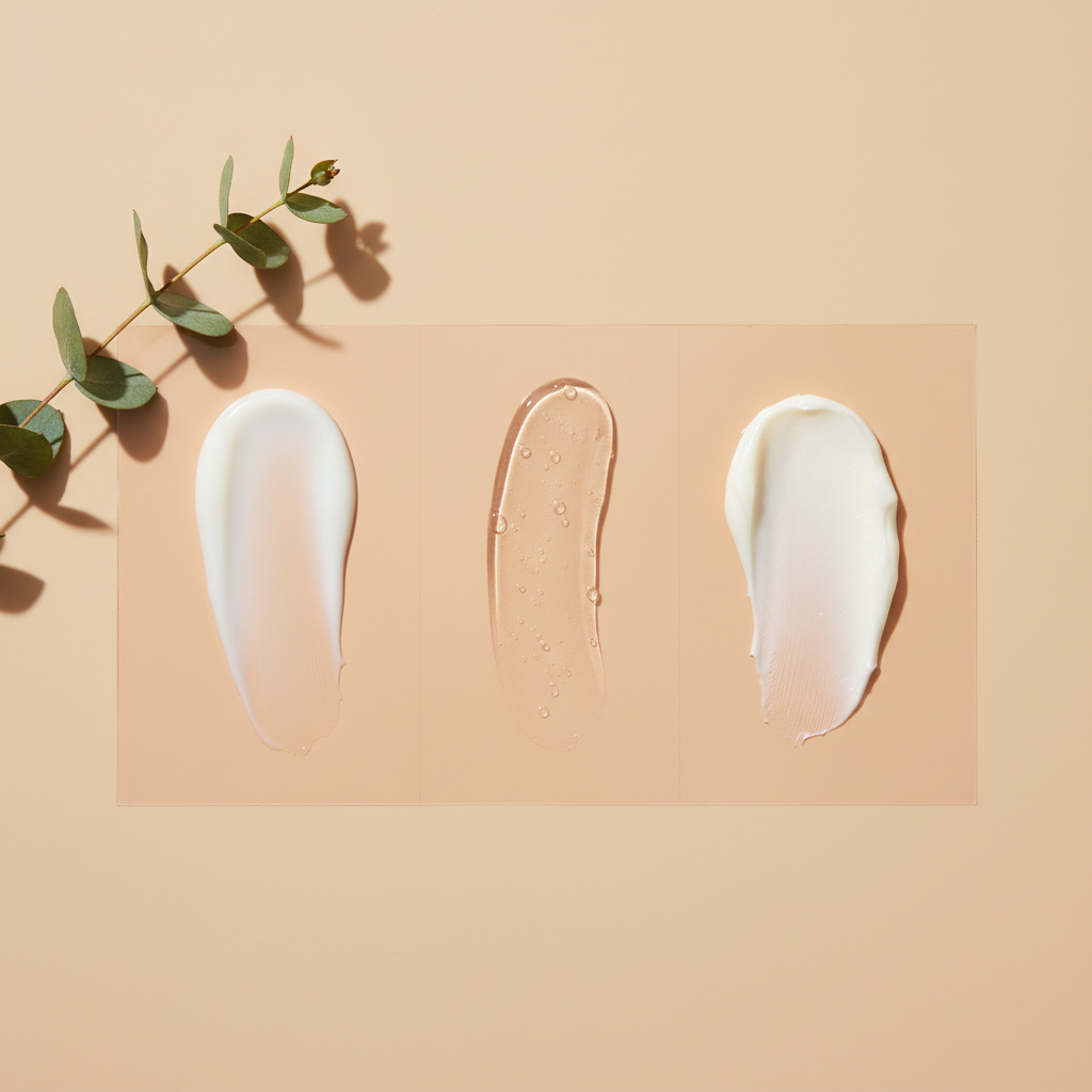 An overhead, photographic view of a smooth, synthetic skin-like surface divided into three clearly separated sections, each with a different skincare product texture: a milky lotion, a clear lightweight serum, and a rich cream. Each texture is spread in a neat, controlled swipe, showing thickness, shine, and absorption differences. The surface sits on a matte, warm beige background with a single sprig of green leaves at the edge to suggest gentle, plant-derived ingredients. Soft studio lighting from above creates subtle highlights on the products without glare. The composition is balanced and simple, evoking calm clarity and making it easy to visually compare textures, supporting plain-language explanations of how different formulas behave on skin.
