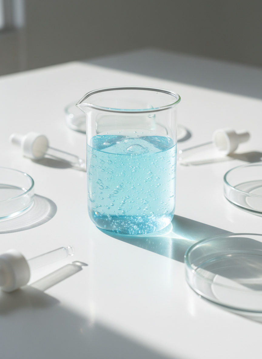 A close-up, photographic image of a clear glass beaker filled halfway with a translucent, pale blue gel-like skincare serum, tiny suspended bubbles visible throughout. The beaker rests on a glossy white laboratory bench, surrounded by neatly arranged frosted glass droppers and empty petri dishes. Soft, diffused daylight enters from the left, creating gentle reflections on the glass and subtle shadows on the surface. The mood is clean, professional, and reassuringly scientific. Shot at eye level with a shallow depth of field, the beaker in crisp focus while the background softly blurs, emphasizing clarity, transparency, and evidence-based skincare science in a minimalist, modern aesthetic.